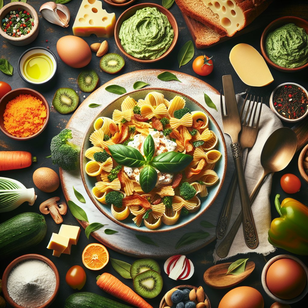 Low-carb pasta made with modified food starch, surrounded by fresh vegetables and herbs