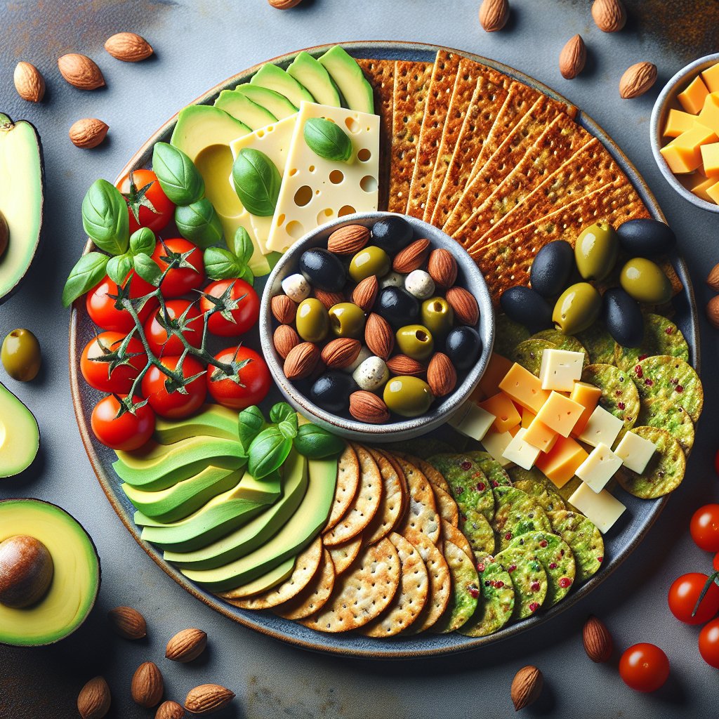 Vibrant platter of keto-friendly nut thins with avocado, cherry tomatoes, olives, and cheese