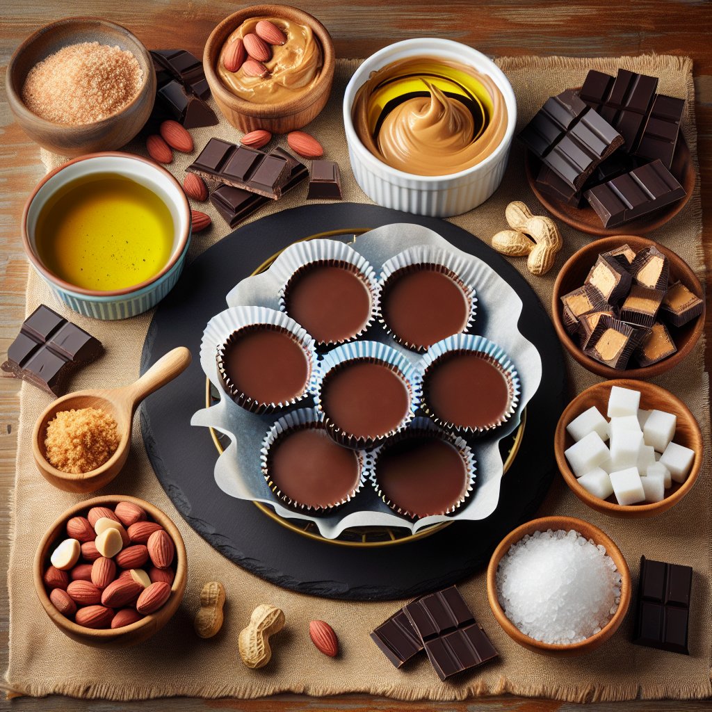 Essential ingredients for Keto Peanut Butter Cups Fat Bombs include dark chocolate, sugar-free peanut butter, coconut oil, and a keto-friendly sweetener, arranged in an appealing and organized manner.