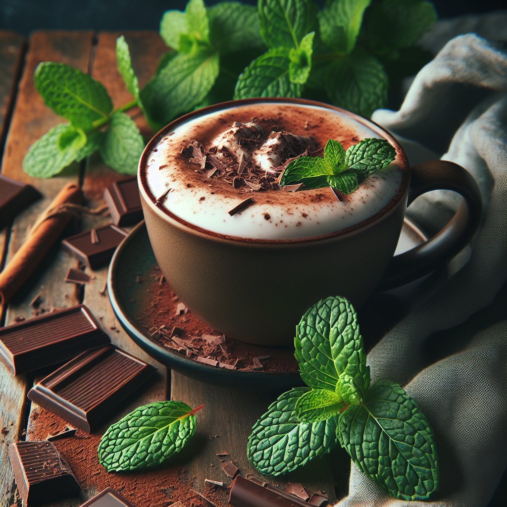 Steaming cup of keto peppermint mocha surrounded by fresh peppermint leaves and dark chocolate shavings on a rustic wooden table