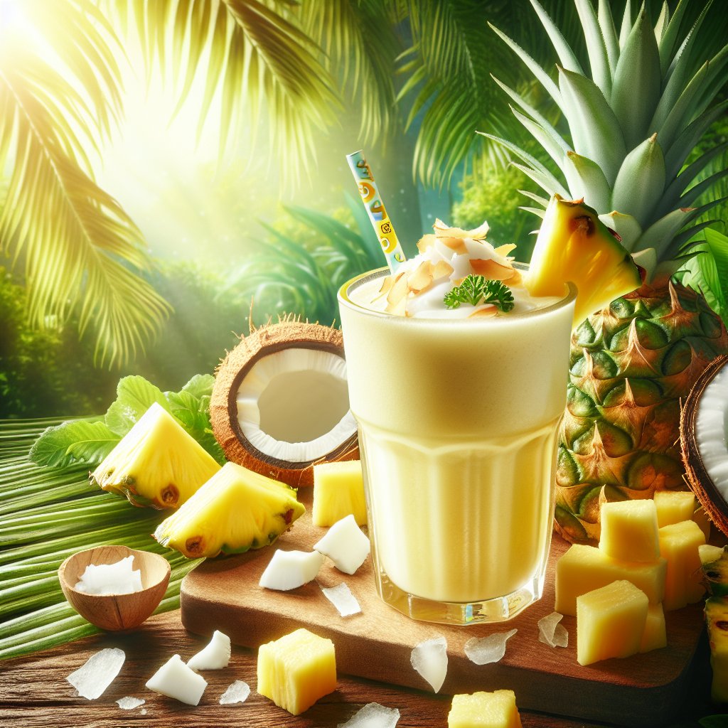 Refreshing keto pina colada smoothie in a tropical setting with vibrant pineapple and coconut, surrounded by lush greenery and sunshine.