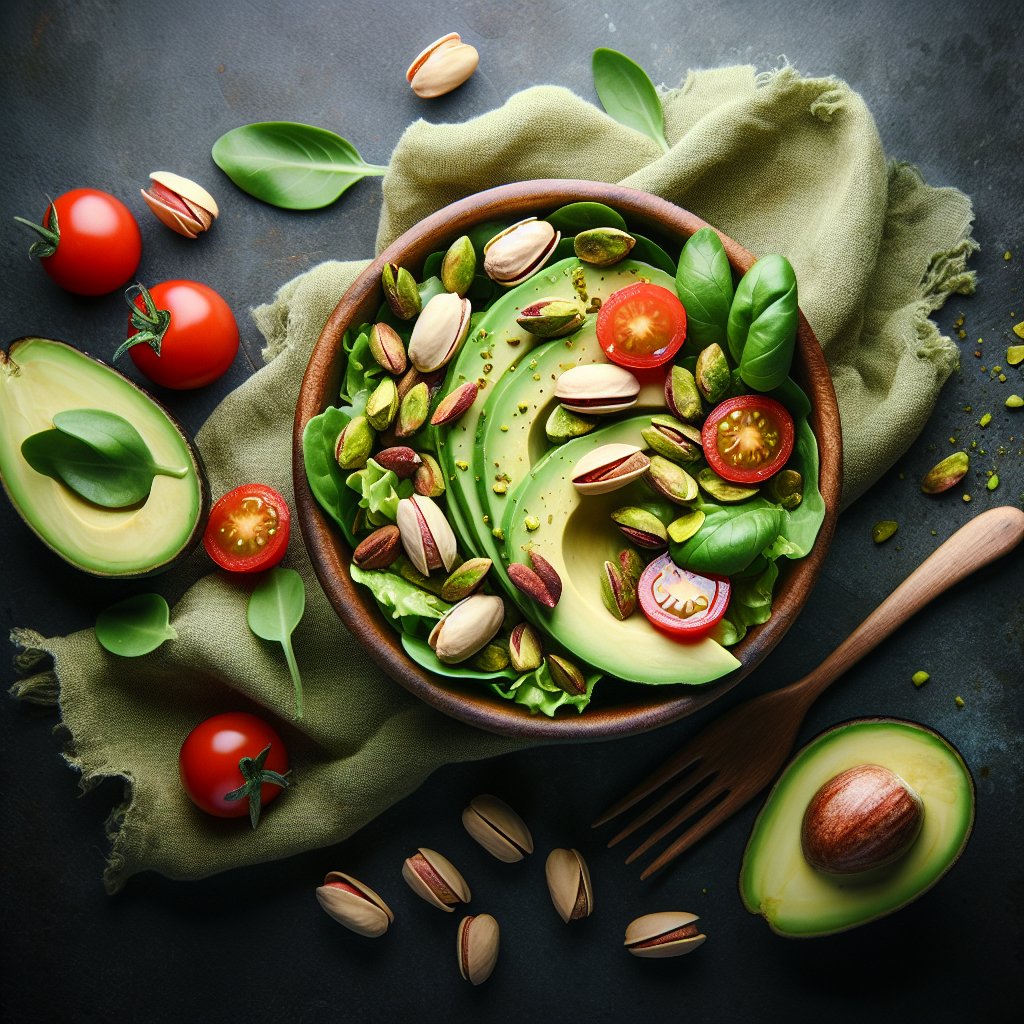 Vibrant keto-friendly pistachio salad with avocado slices and cherry tomatoes.