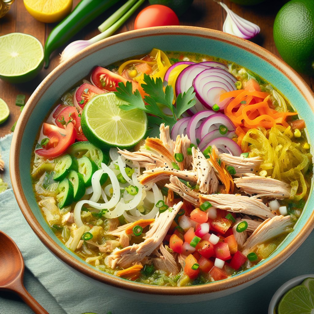 Vibrant bowl of keto pozole verde, filled with shredded chicken, low-carb hominy substitute, and colorful vegetables