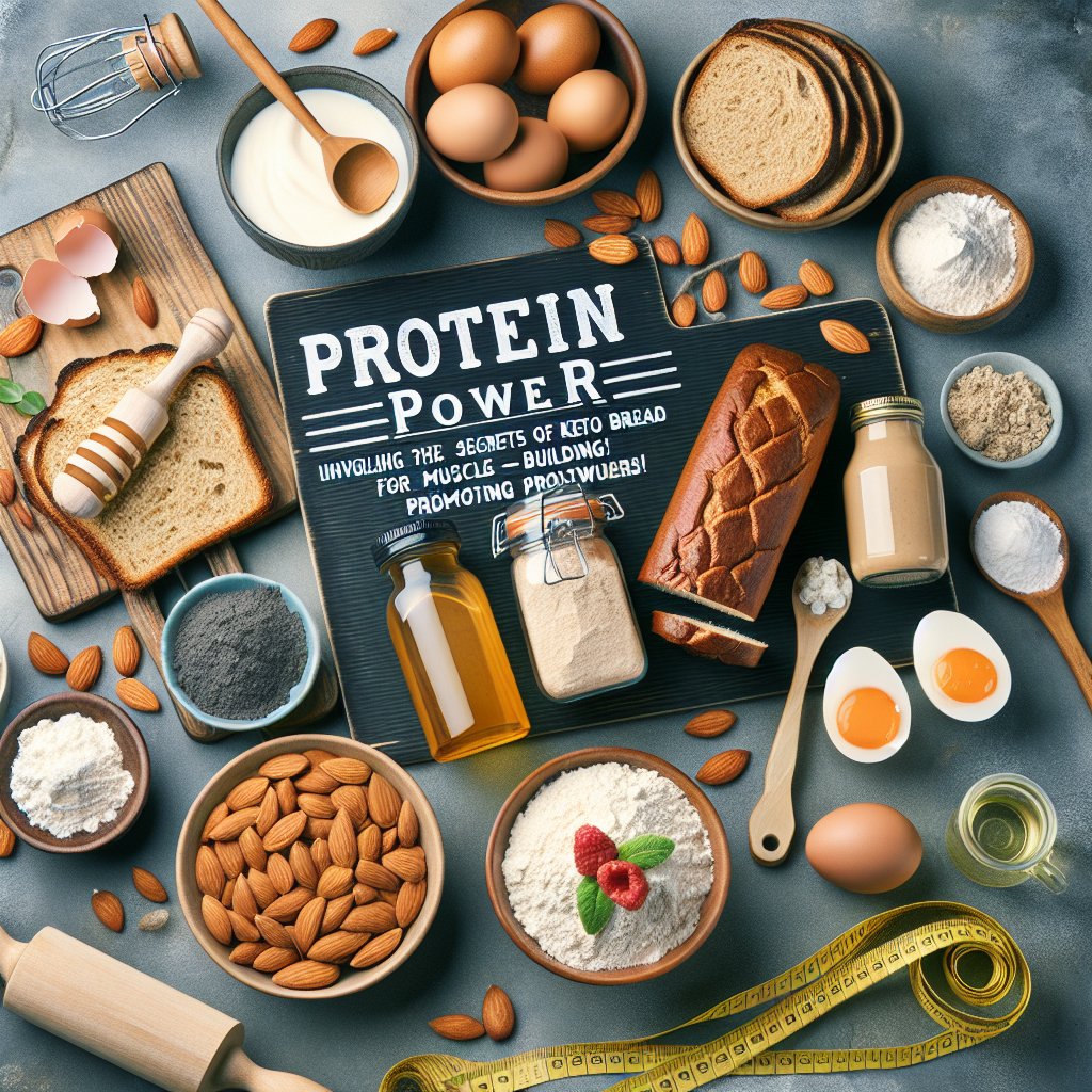 A spread of high-quality protein sources including almond flour, eggs, and protein powders, showcasing their role in muscle-building and fullness for keto bread recipes.