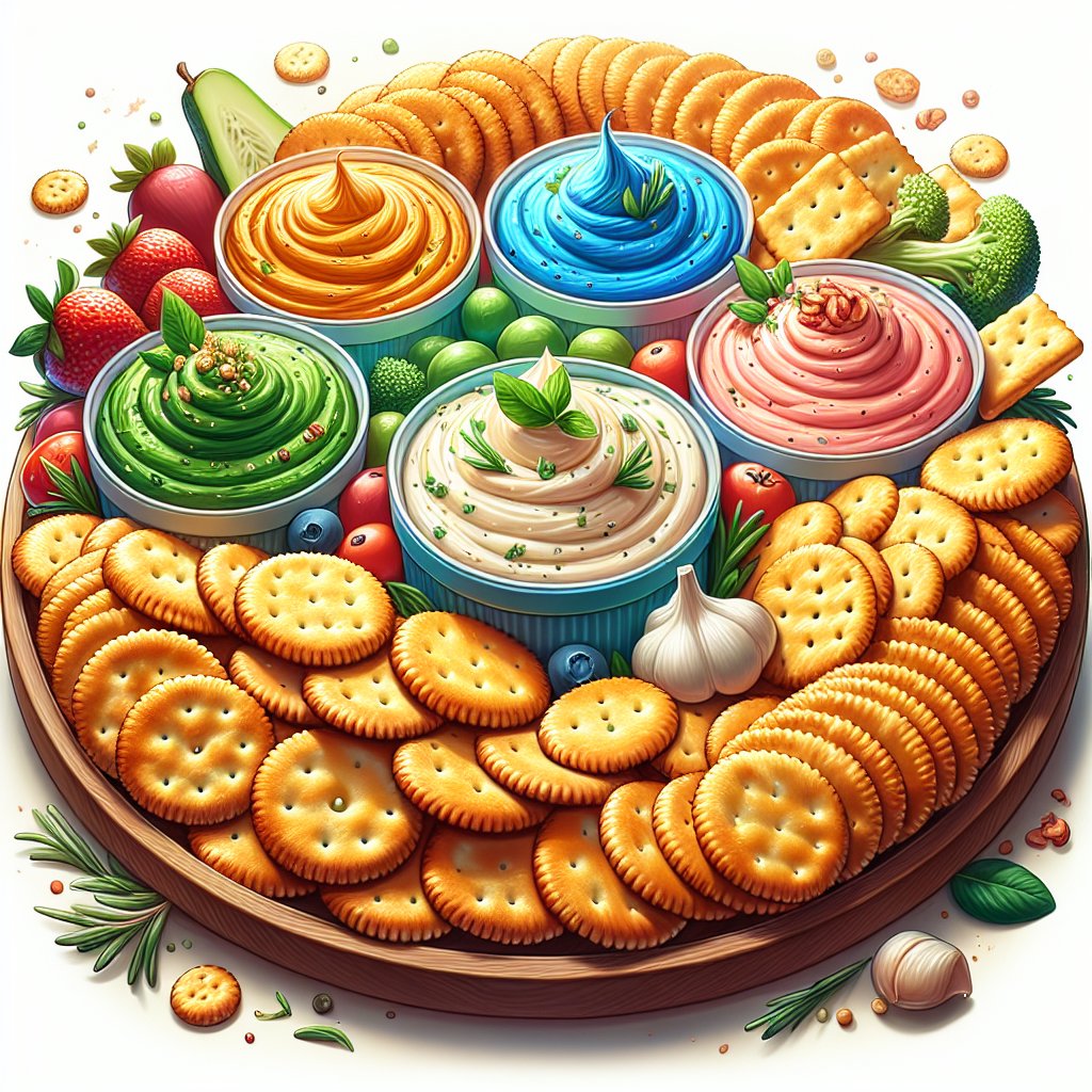 Stylish platter of golden-brown keto Ritz crackers with vibrant keto-friendly dips