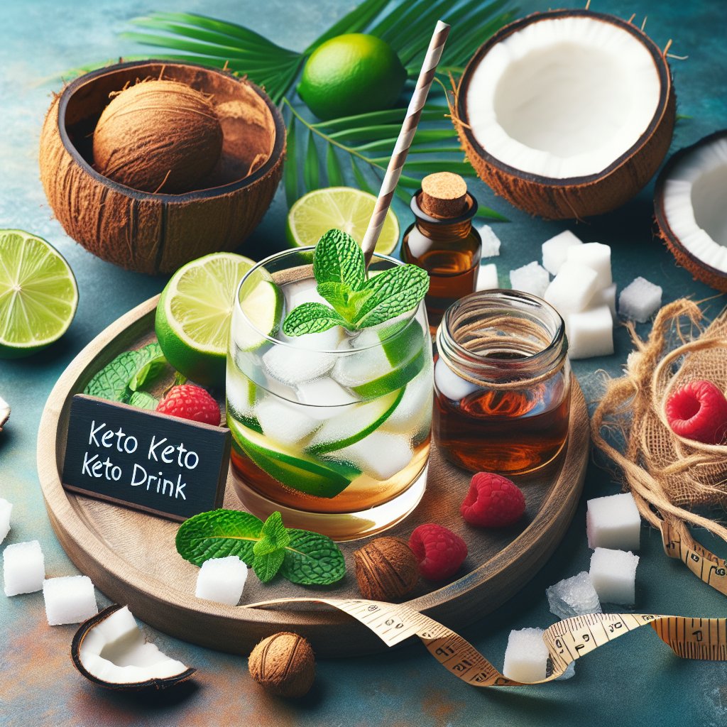 Refreshing glass of rum keto drink with coconut, lime, and mint, exuding elegance and relaxation.