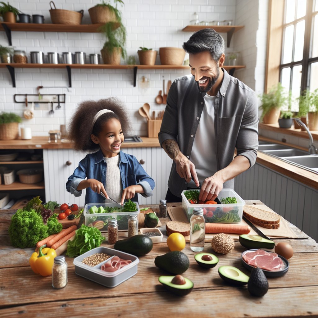 Parent and child happily preparing nutritious keto school lunches together in a warm and inviting atmosphere.