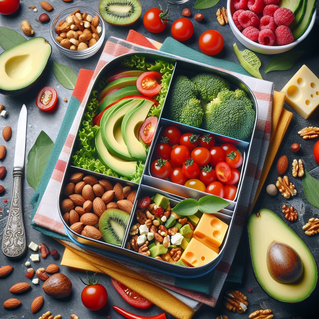 Colorful and vibrant keto school lunchbox filled with avocado slices, mixed nuts, cherry tomatoes, and cheese cubes, radiating energy and health.