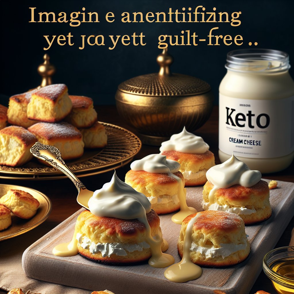 Golden keto scones topped with cream cheese