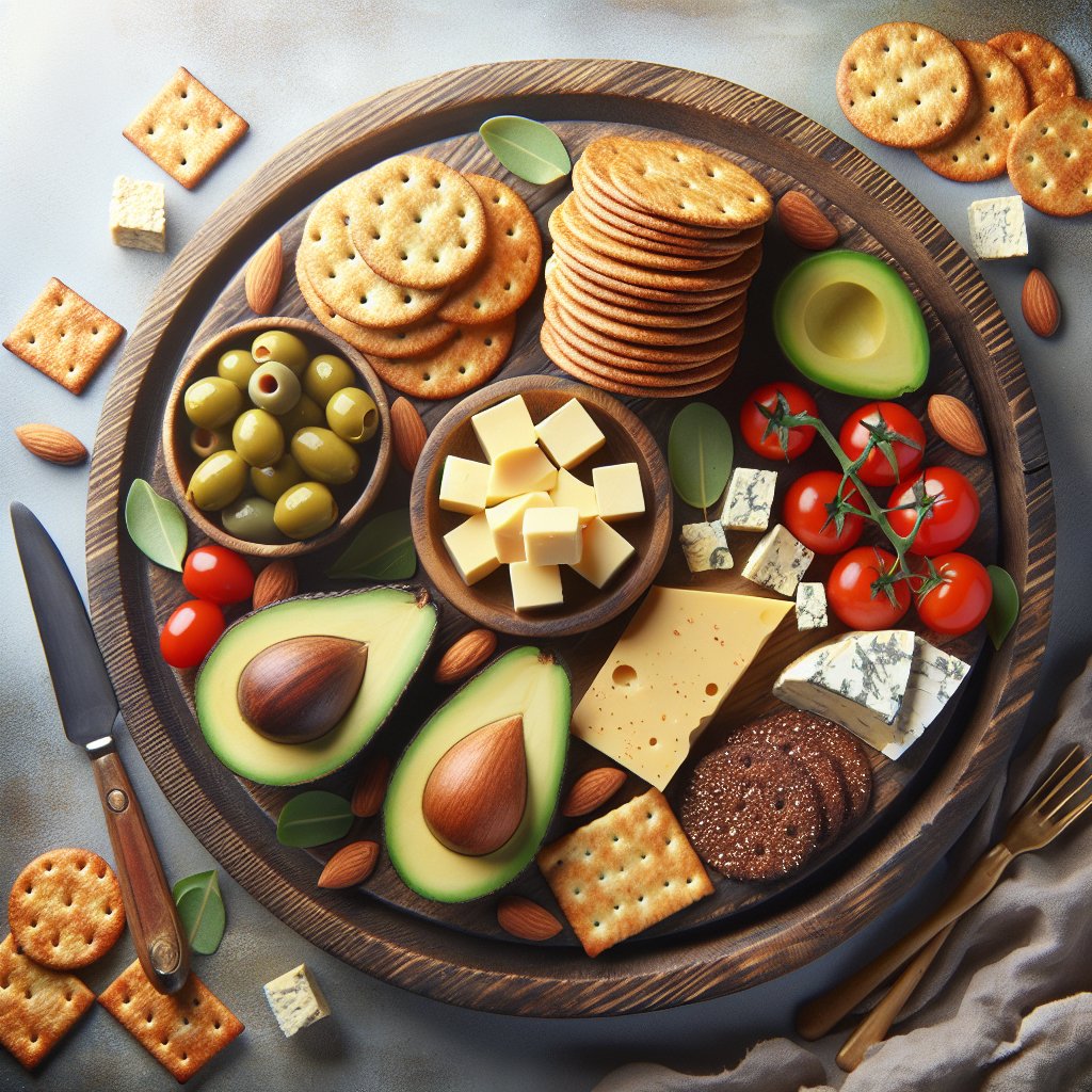 A beautifully arranged keto-friendly snack platter with almond flour crackers, avocado slices, cherry tomatoes, olives, and cheese cubes, exuding health and deliciousness.