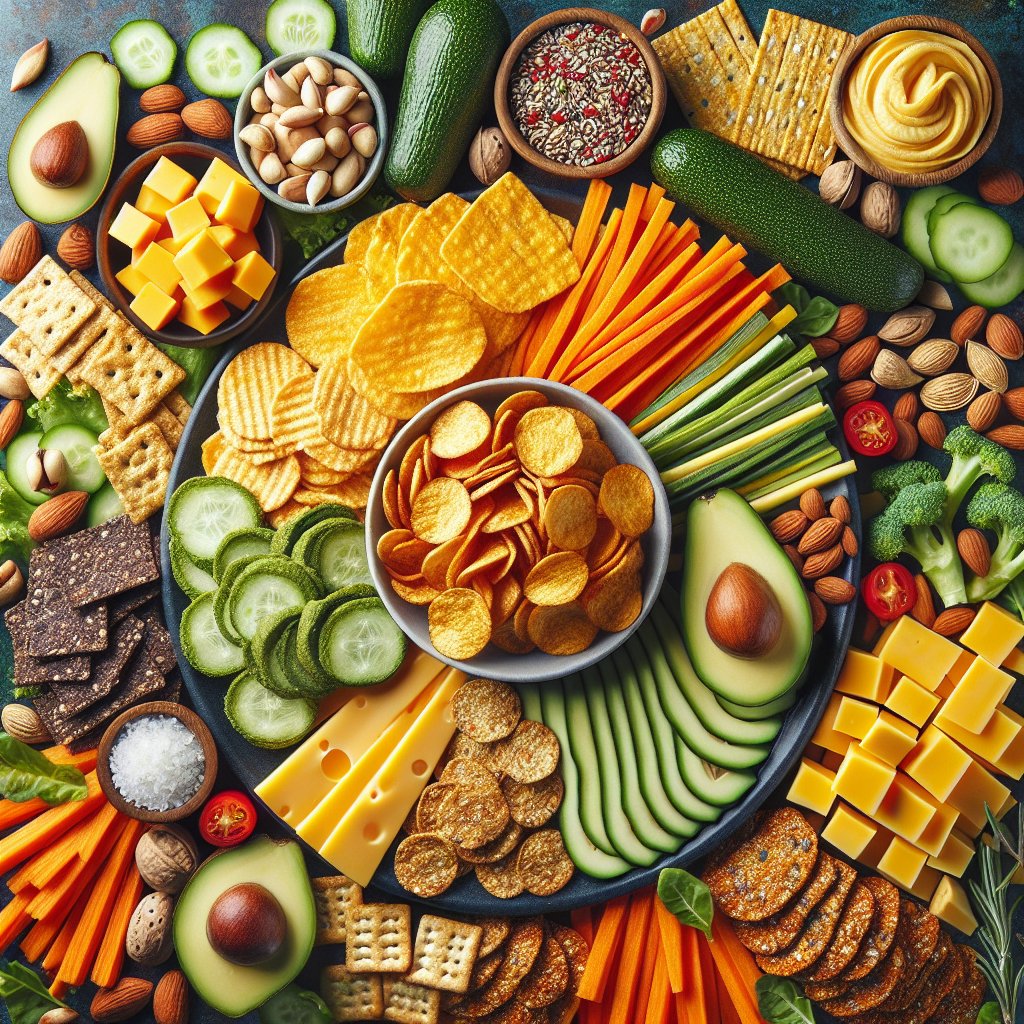 Vibrant keto-friendly snack spread with crispy cheese chips, avocado slices, vegetable sticks, and seed crackers