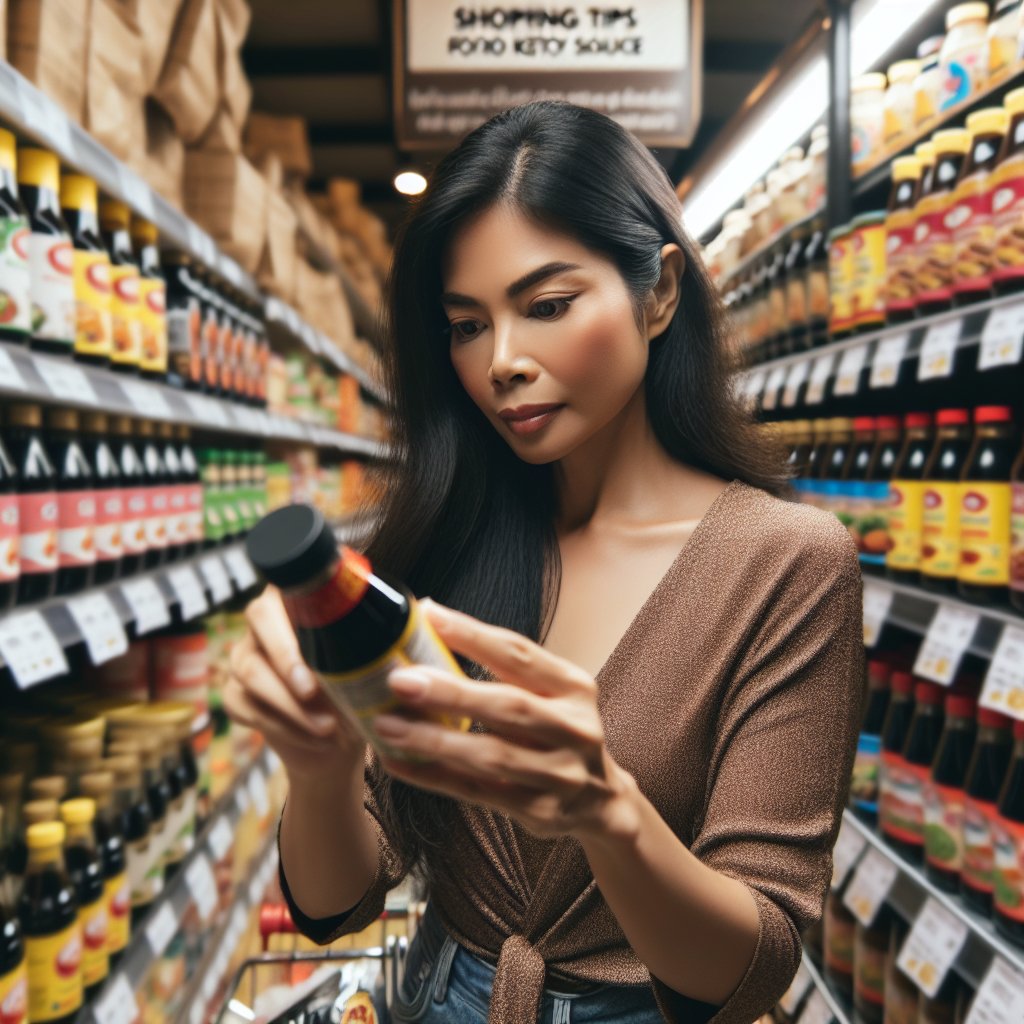 Person carefully reading labels on a bottle of soy sauce in a vibrant grocery store