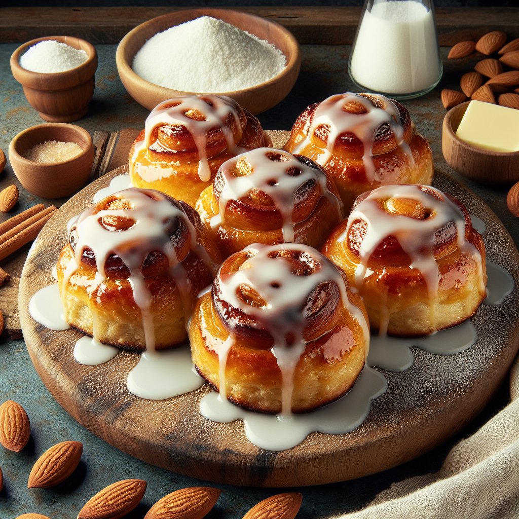 Irresistible keto sticky buns with sugar-free icing on wooden platter