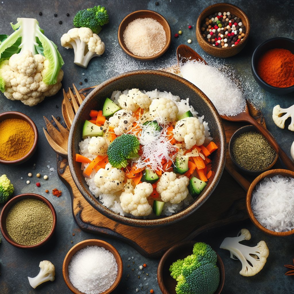 Mouth-watering keto sticky rice bowl surrounded by fresh cauliflower, coconut, and seasonings