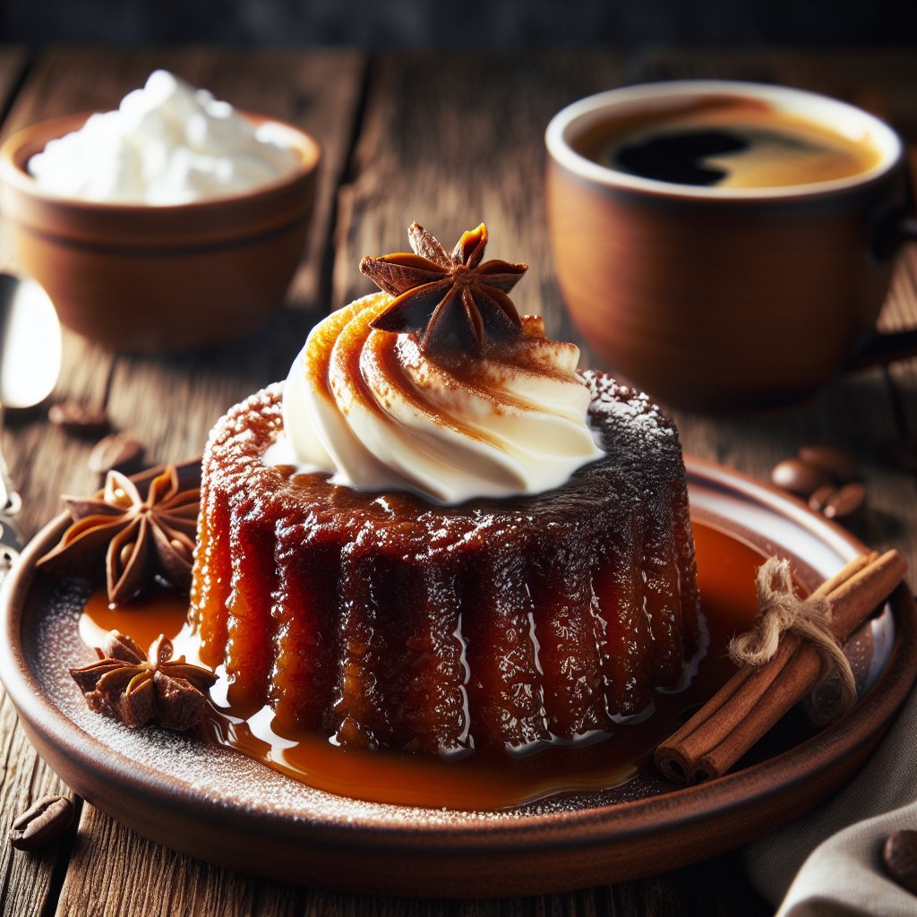 Sumptuous keto sticky toffee pudding with sugar-free whipped cream and coffee on rustic wooden table