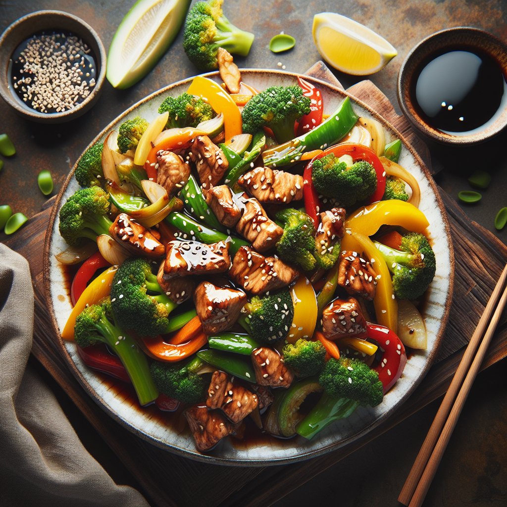 Vibrant keto stir-fry with low-carb glaze, showcasing colorful vegetables and protein