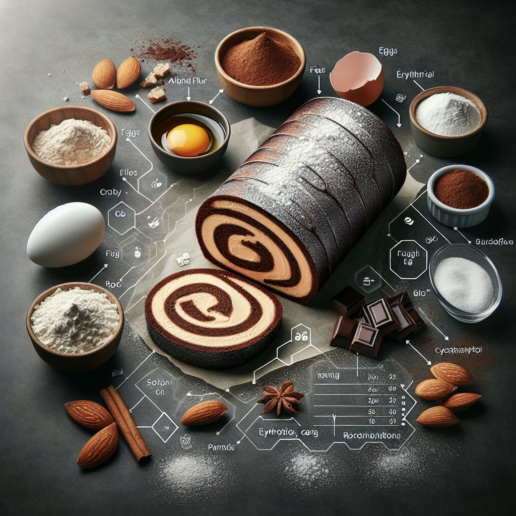 Keto Swiss Roll surrounded by key ingredients, highlighting macronutrient content per serving