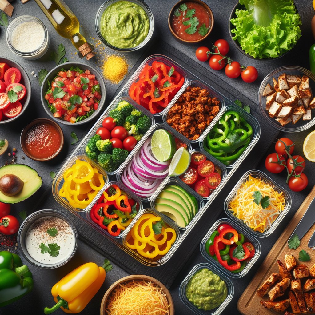 Neatly organized meal prep station with vibrant keto taco bowl ingredients