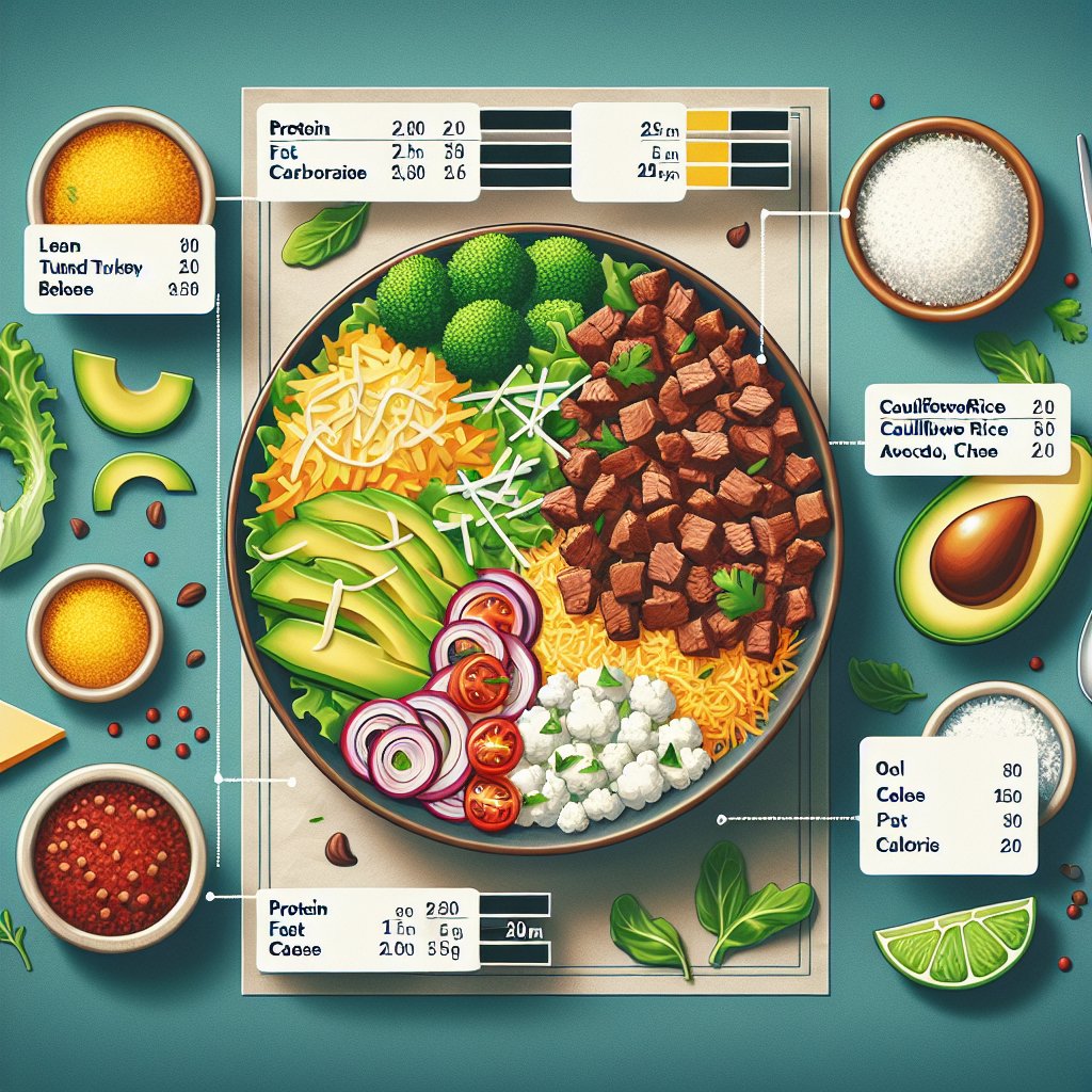 Keto taco bowl meal prep with nutritional breakdown