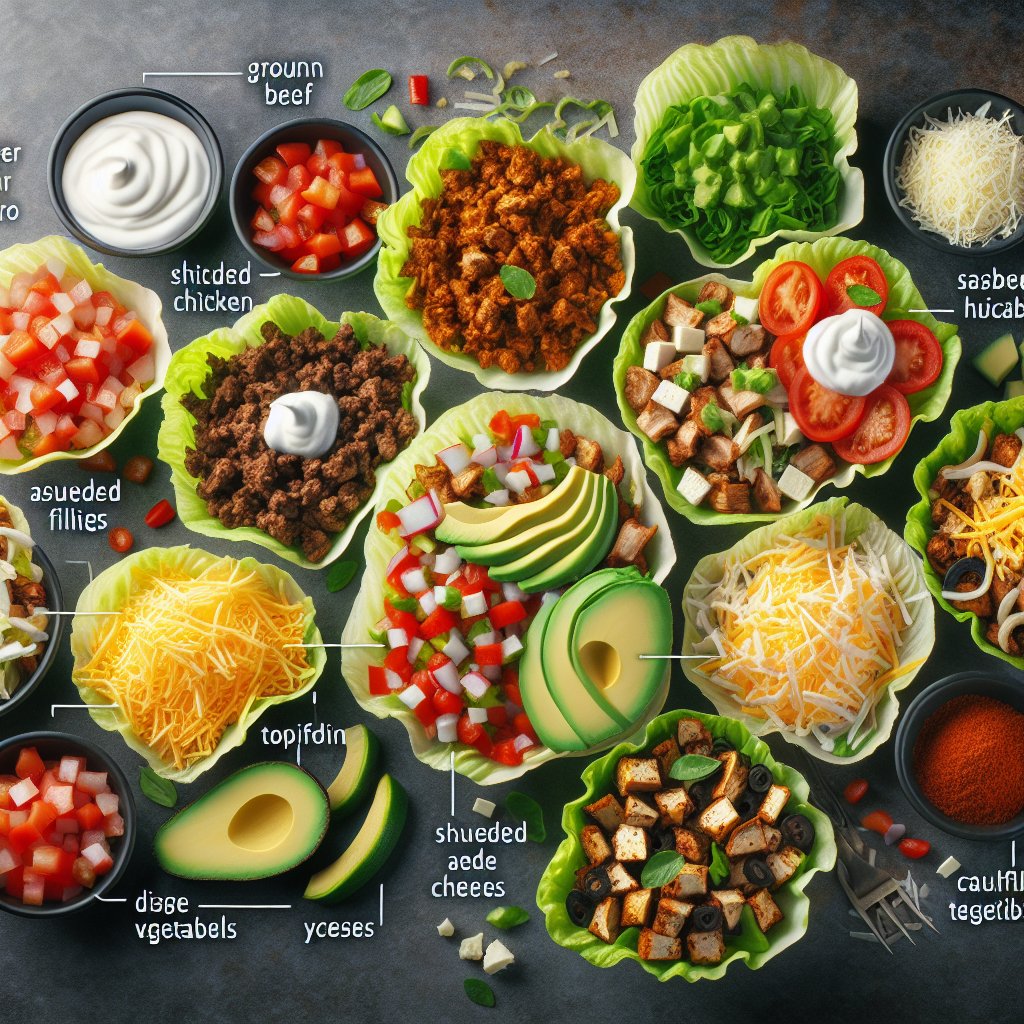 Assorted keto taco cups with customizable fillings and toppings including ground beef, shredded chicken, sautéed vegetables, avocado, tomatoes, cheese, and sour cream, showcasing low-carb alternatives like lettuce cups and cauliflower tortillas.