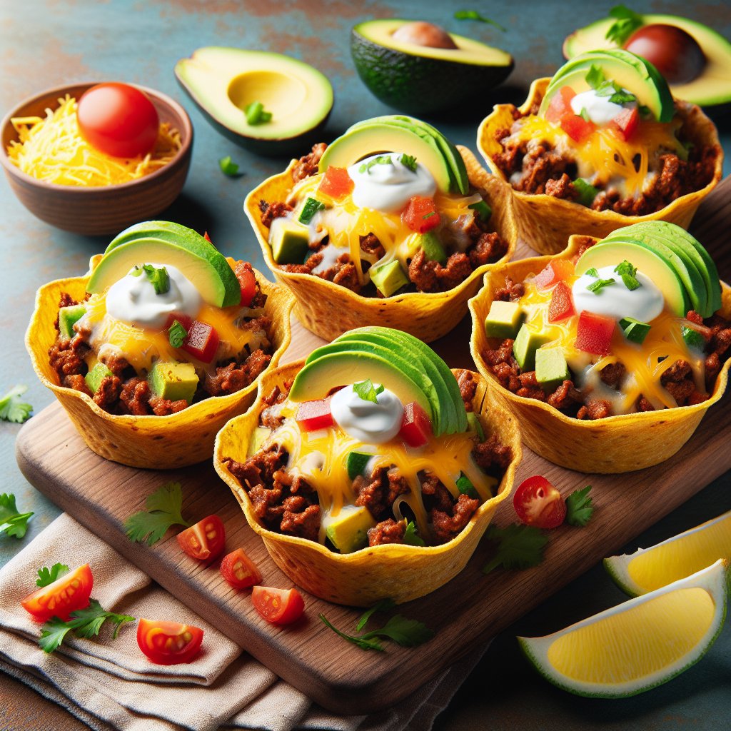 Delicious keto taco cups with low-carb tortillas and optional toppings like avocado and sour cream.