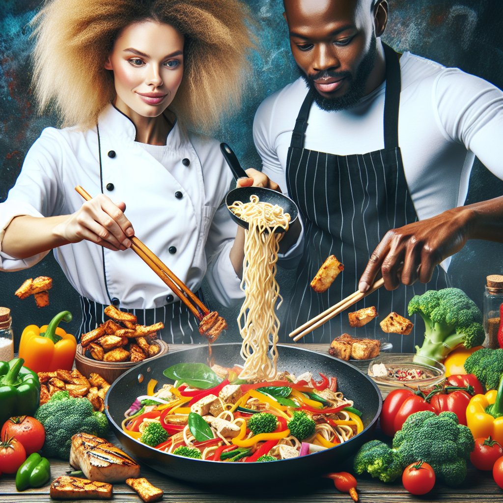 Chef skillfully stir-frying vibrant and colorful tofu noodles in a sizzling pan, surrounded by an array of fresh, keto-friendly ingredients.