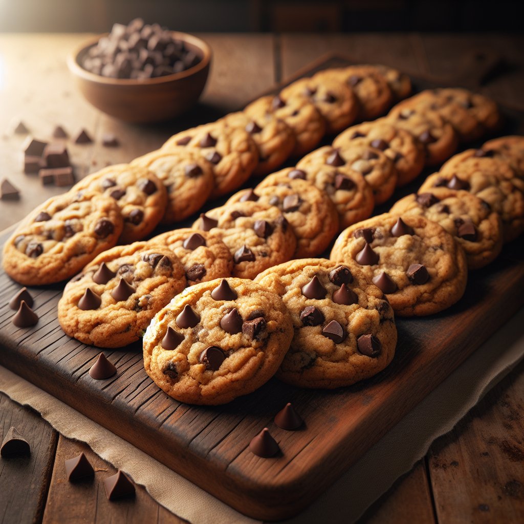 Batch of golden brown keto toll house cookies with sugar-free chocolate chips on rustic wooden cutting board