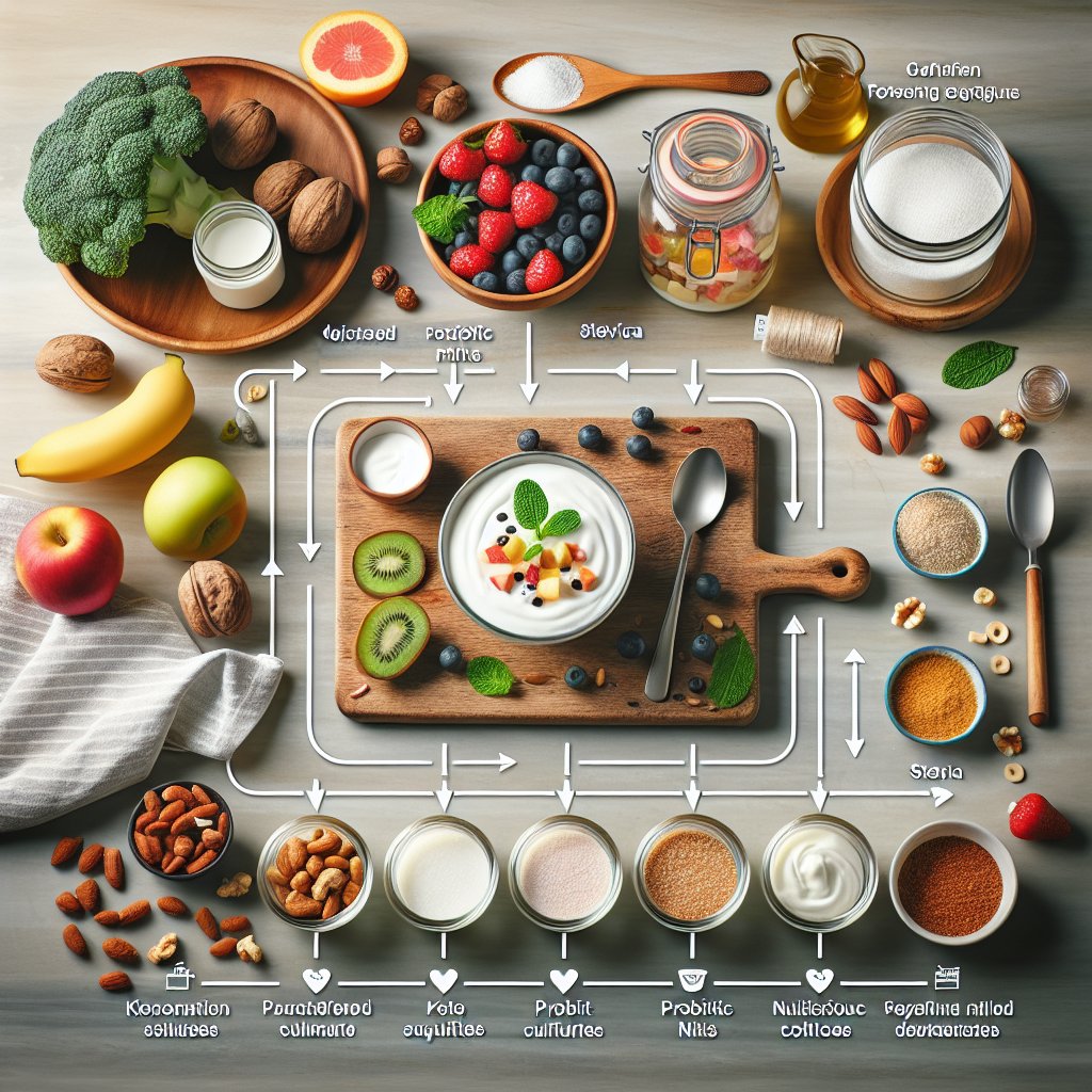 Beautifully designed kitchen countertop displaying the step-by-step process of making keto vegan yogurt at home, with visually appealing containers filled with plant-based milk alternatives, probiotic cultures, stevia, fresh fruits, and nutritious nuts.