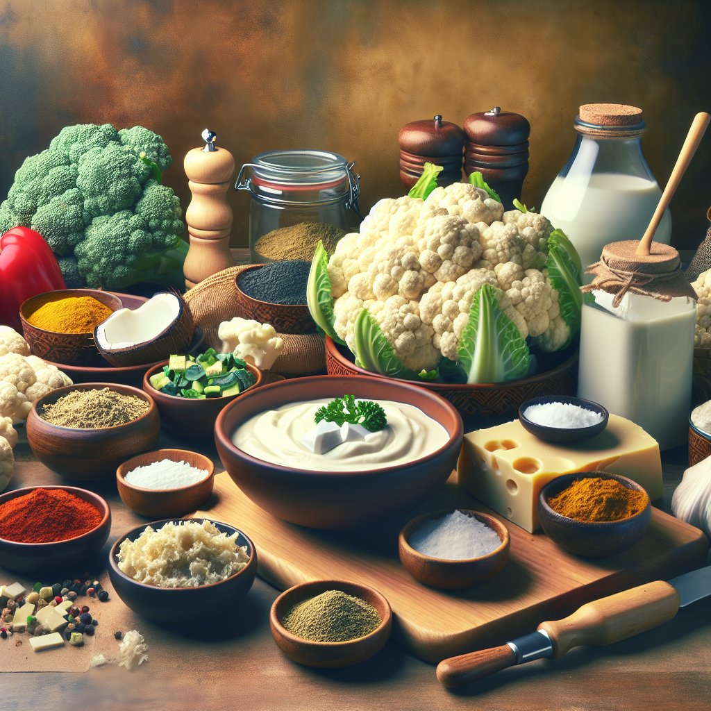 Vibrant kitchen scene with fresh cauliflower, coconut milk, and spices, reflecting the art of mastering keto white enchilada sauce for ultimate health benefits.