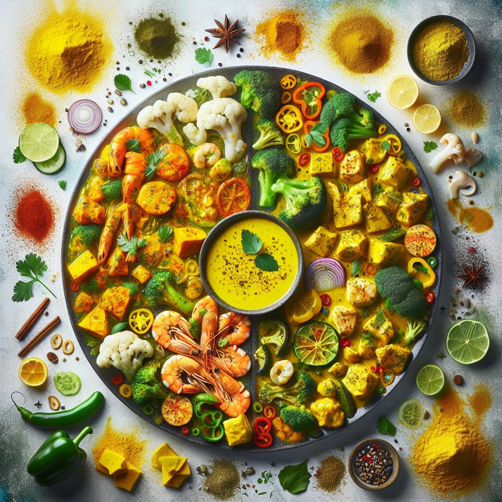 Assorted keto yellow curry dishes with low-carb vegetables and proteins