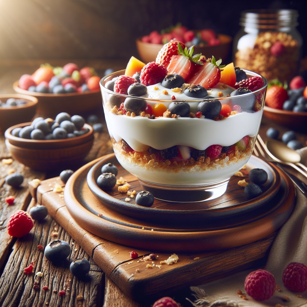 Vibrant yogurt parfait bowl with fresh berries on rustic wooden table