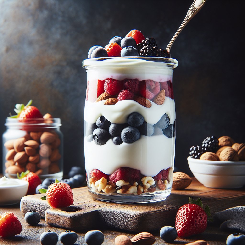 Vibrant keto-friendly yogurt parfait with fresh berries and nuts in a glass jar