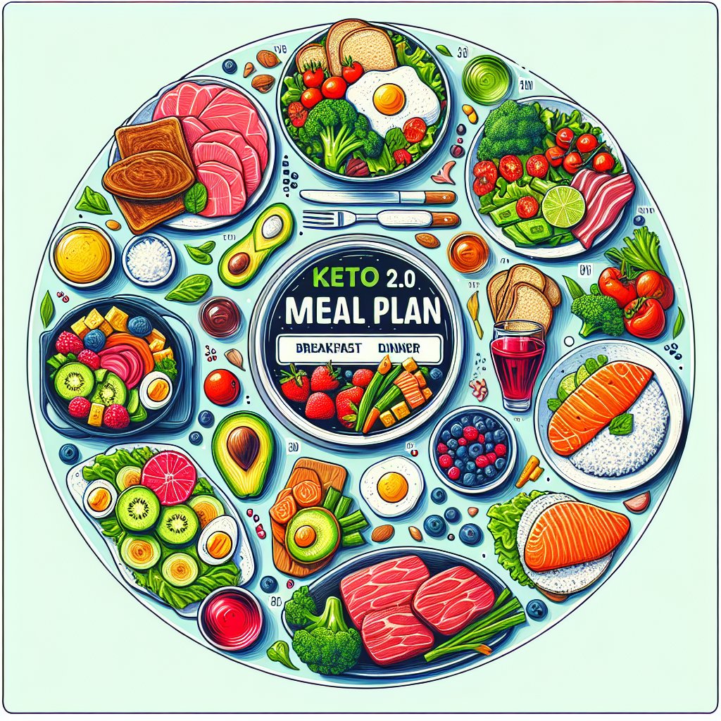 Beautifully arranged Keto 2.0 meal plan featuring breakfast, lunch, dinner, and snacks with a balance of proteins, healthy fats, and non-starchy vegetables in vibrant colors.