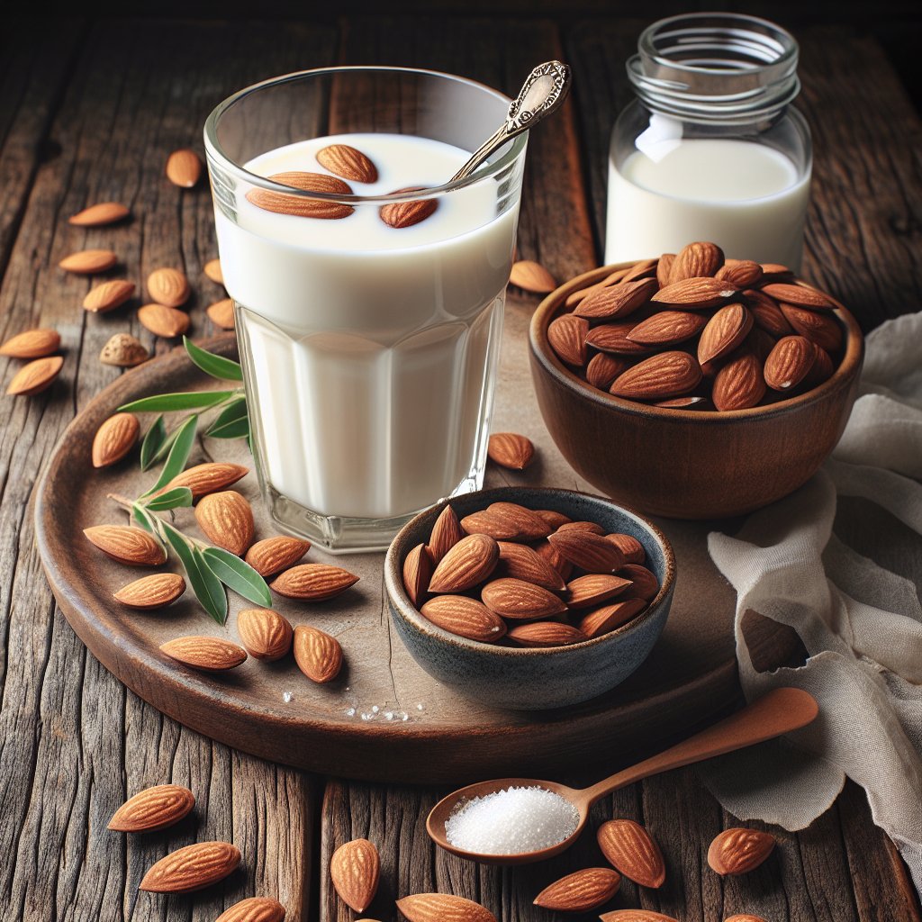 Unsweetened almond milk in a glass surrounded by almonds and sweetener on a rustic wooden surface