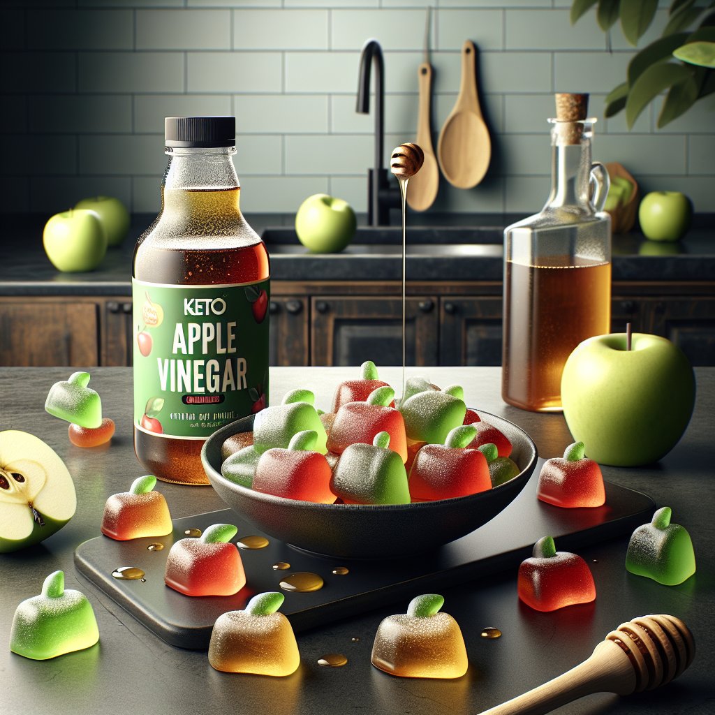 Sleek modern kitchen countertop with vibrant bowl of keto apple vinegar gummies, green apples, apple cider vinegar, and honey drizzle