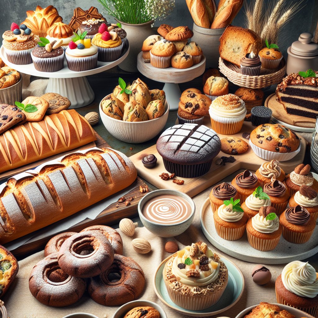 Vibrant keto-friendly bakery display featuring a variety of keto bread, muffins, cookies, and cakes in a modern, health-conscious setting.