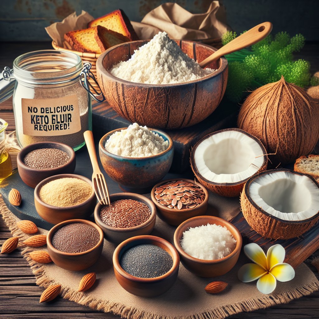 Assorted keto bread alternative ingredients including coconut flour, flaxseed meal, psyllium husk, and chia seeds arranged in rustic kitchen setting.