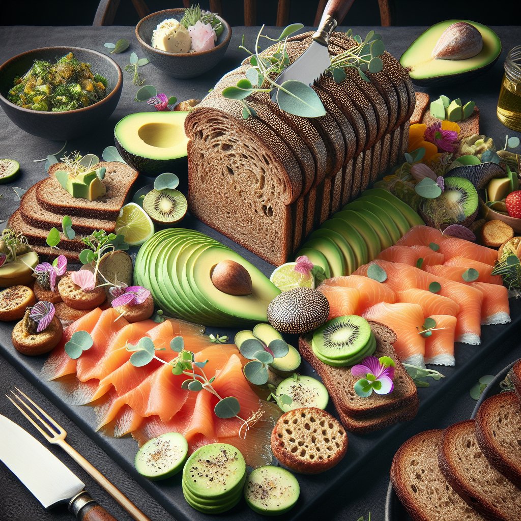 A beautifully arranged platter showcasing keto bread slices adorned with avocado, smoked salmon, and vibrant microgreens, reflecting the versatility and appeal of keto-friendly foods.