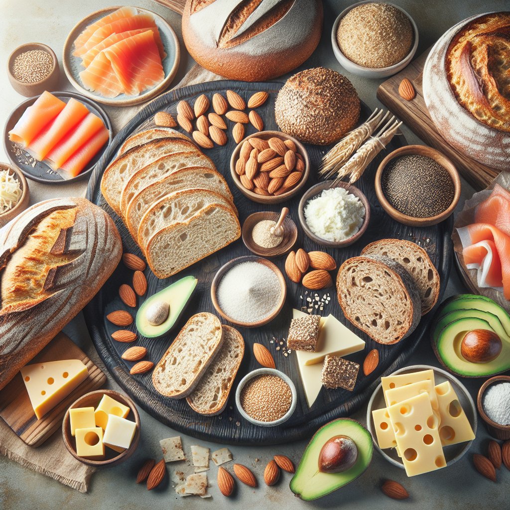 Assortment of keto bread loaves and rolls made with almond flour, coconut flour, psyllium husk, and seeds, showcasing their nutritional value and artisanal quality on a rustic wooden surface.