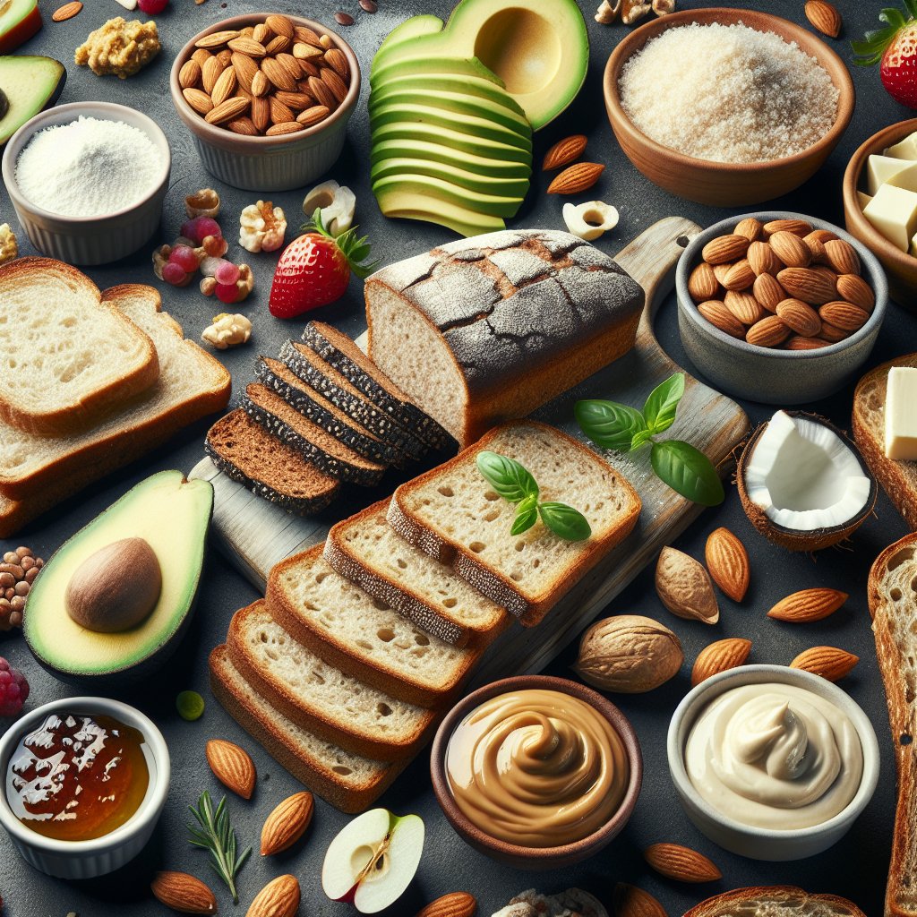 Assortment of colorful keto bread varieties with avocado slices, sugar-free jam, and nut butter