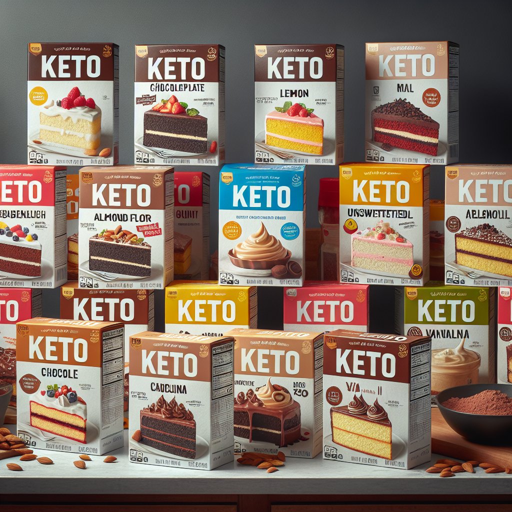 Assorted keto cake mix boxes on kitchen countertop showcasing diverse flavors and dietary benefits