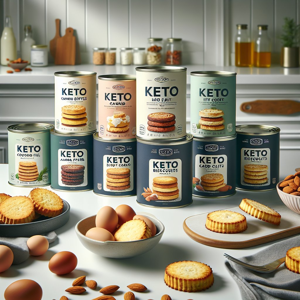 Assortment of keto canned biscuits with nutritional information and ingredients, surrounded by almond flour, coconut oil, and eggs on a pristine kitchen countertop.