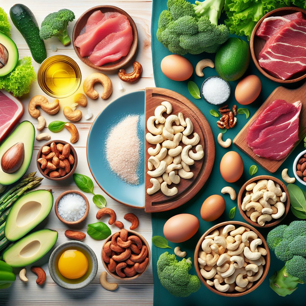 Assorted keto-friendly foods arranged alongside a pile of cashews, showcasing the intersection of the keto lifestyle and the emerging trend of incorporating cashews into this dietary regimen.