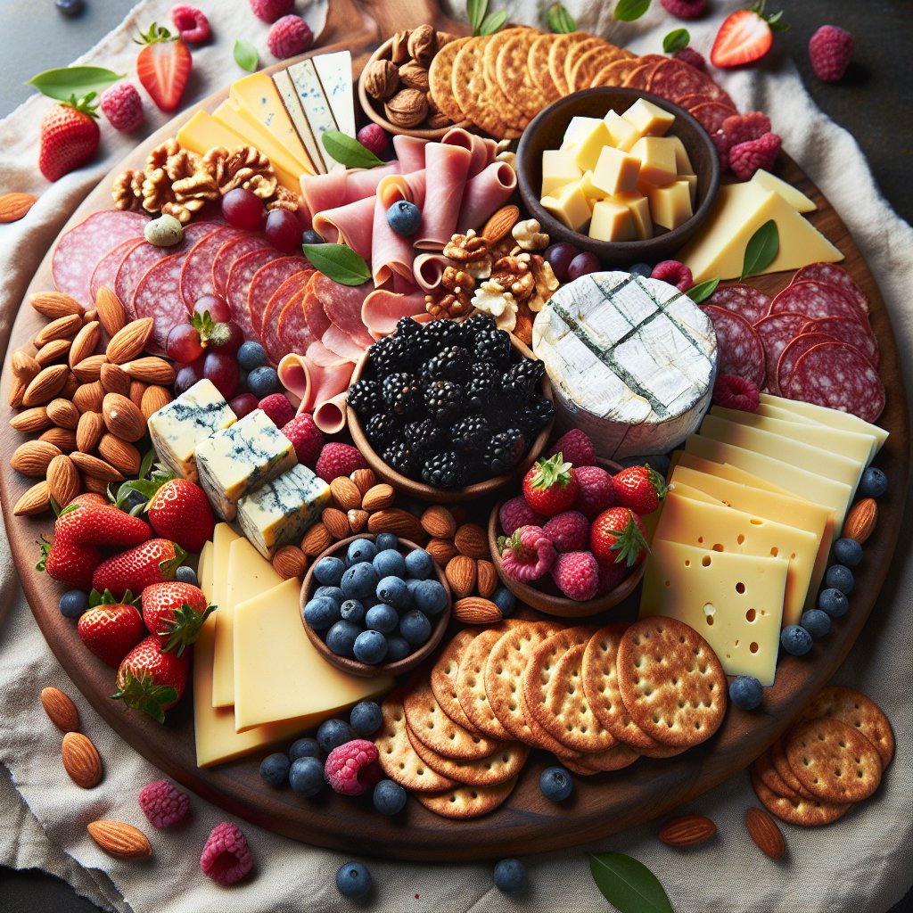 Beautifully styled charcuterie board featuring an assortment of keto-friendly snacks including almond flour crackers, low-carb cheeses, cured meats, fresh berries, and nuts.