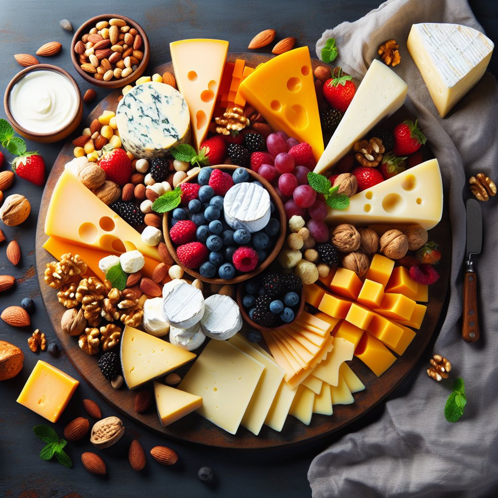 Vibrant keto-friendly cheese platter with cheddar, mozzarella, cream cheese, nuts, and berries