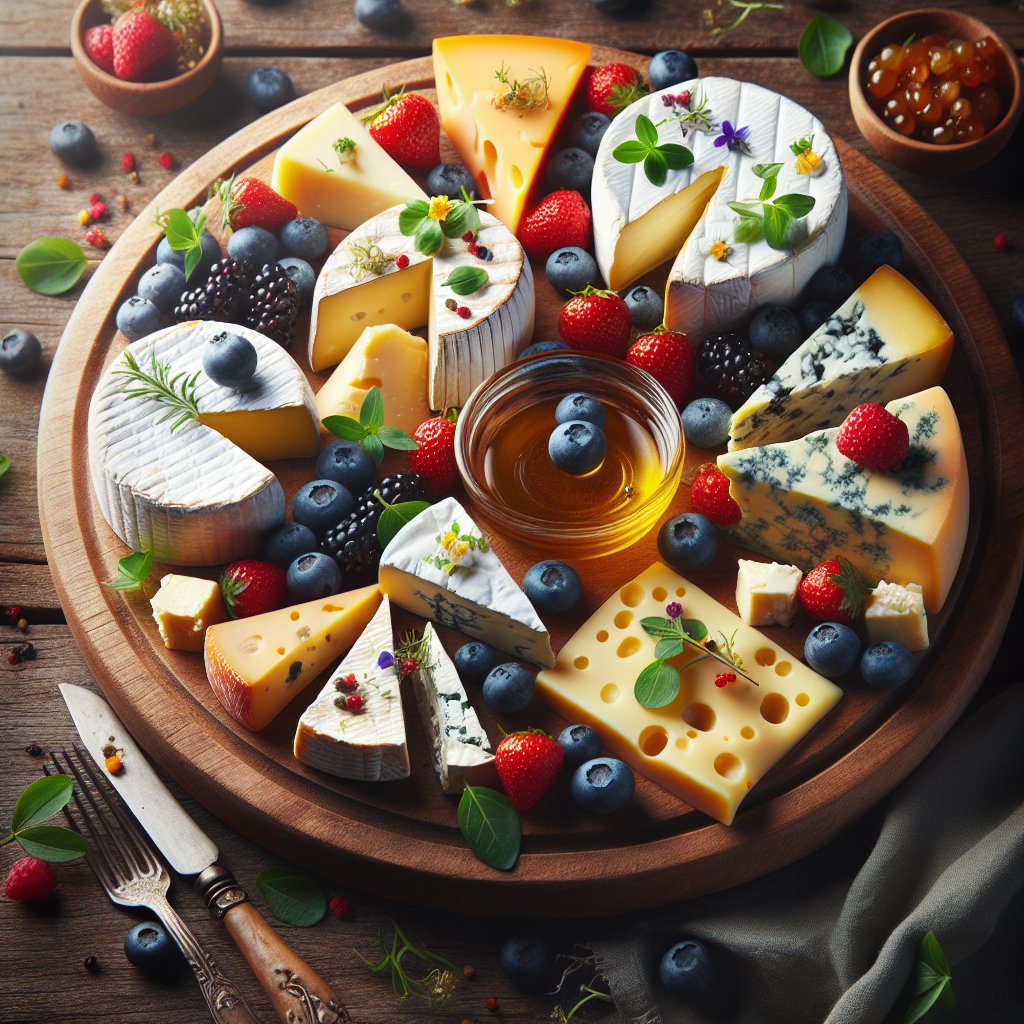 Assortment of keto-friendly cheeses on a rustic wooden board garnished with herbs, berries, and honey