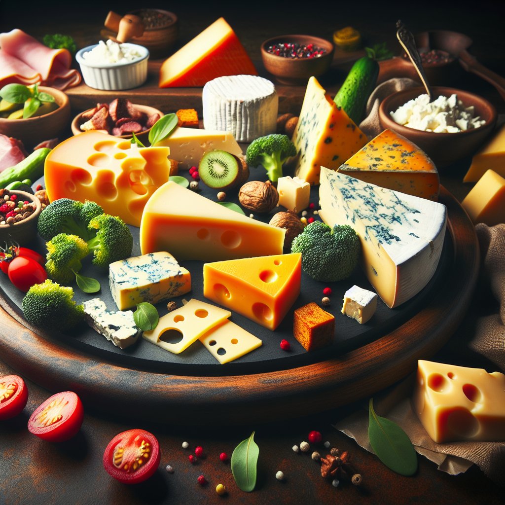 Vibrant keto-friendly cheese platter surrounded by assorted low-carb vegetables and quality meats