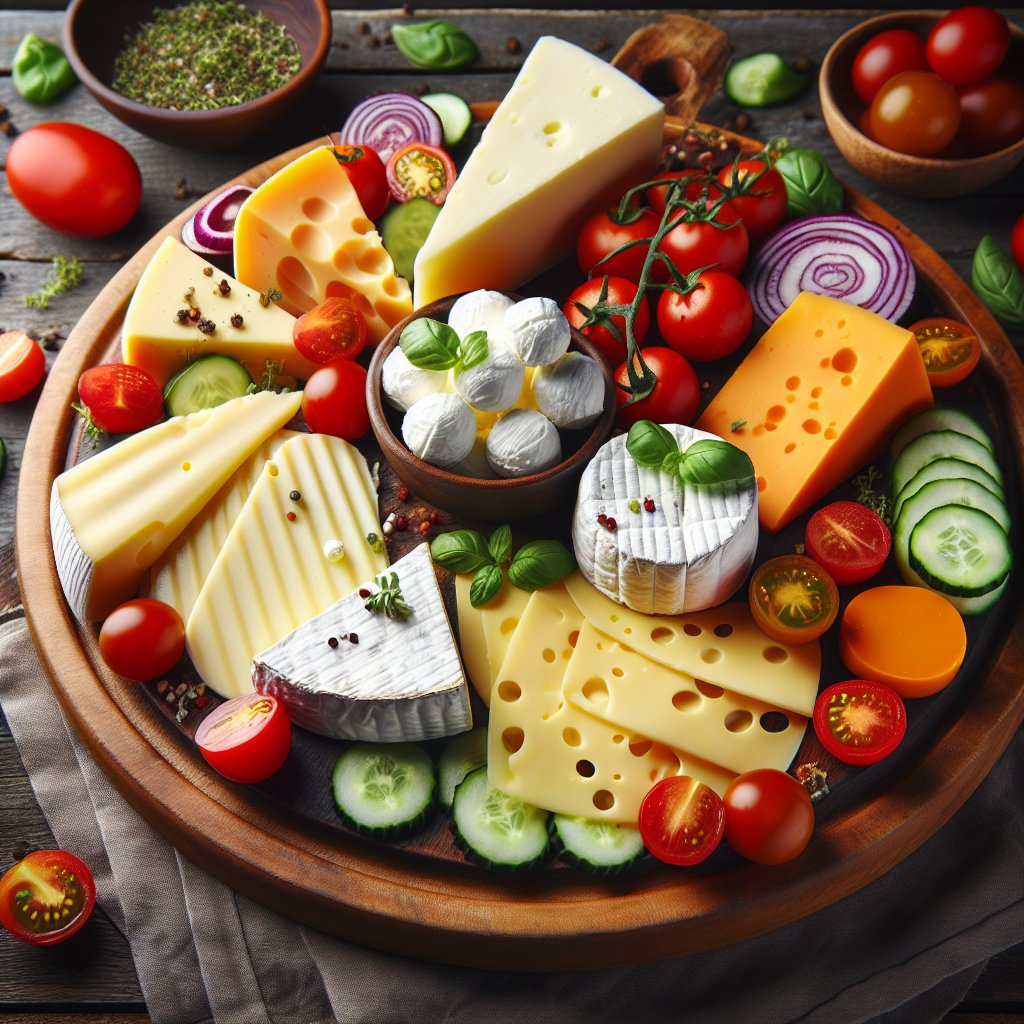 Colorful keto-friendly cheese platter with mozzarella, cheddar, cream cheese, cherry tomatoes, and herbs on a wooden board