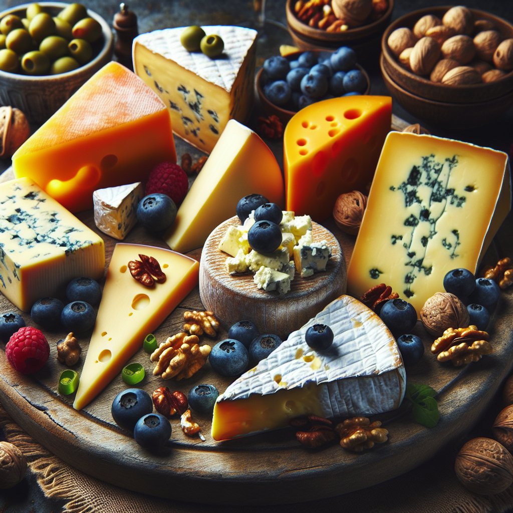 Assortment of artisanal cheeses, berries, nuts, and olives on a rustic wooden board