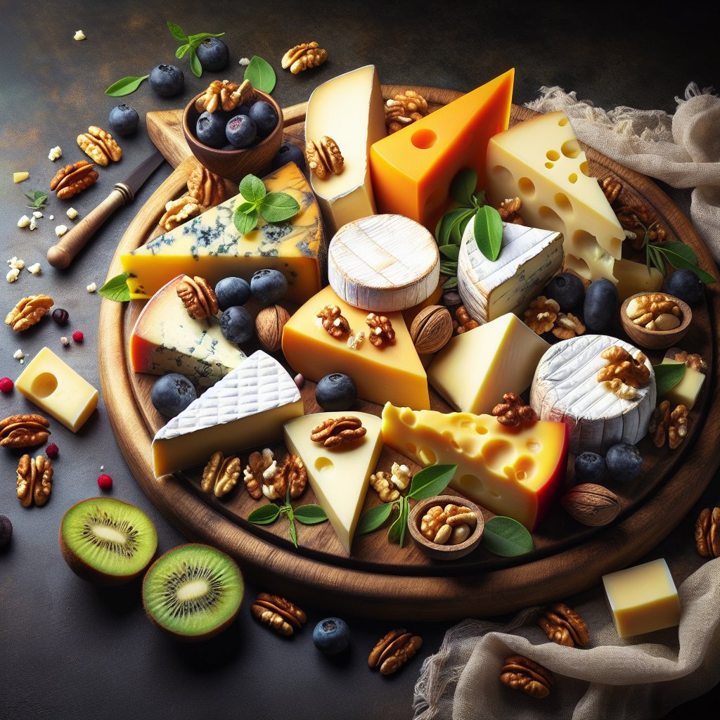 Assortment of vibrant cheeses arranged on a wooden board, accompanied by nuts, berries, and fresh herbs